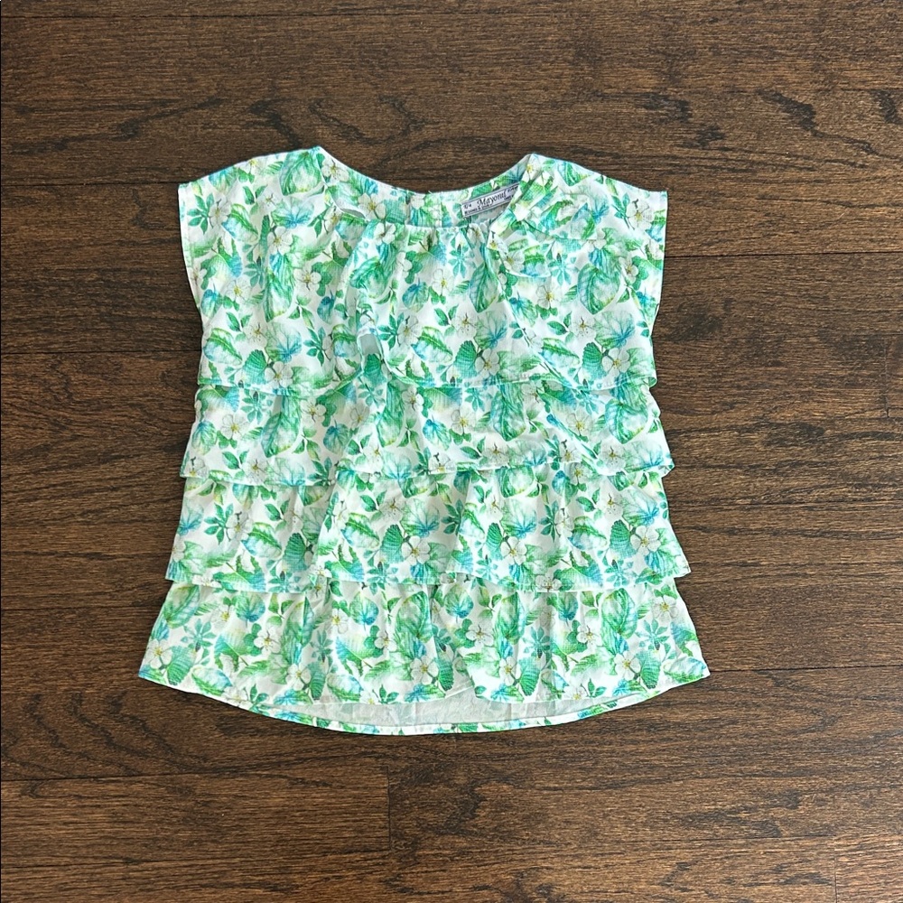 Mayoral Girls Green and White Floral Ruffle Blouse Size 4